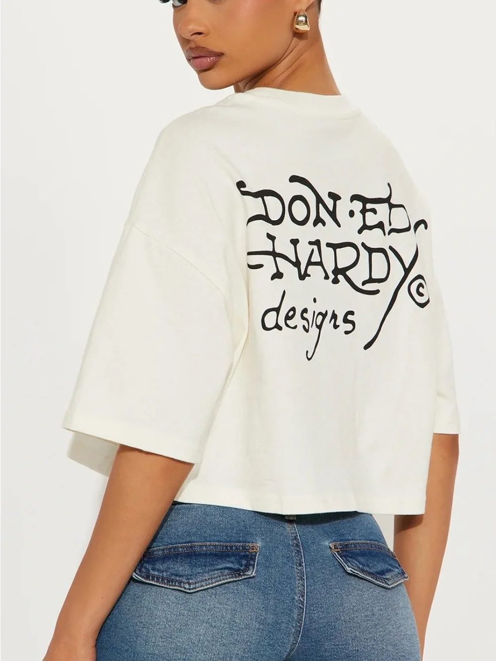 Ed Hardy Black Tattoo-Print Joggers with White Cropped Logo Tee - Picture 4 of 10